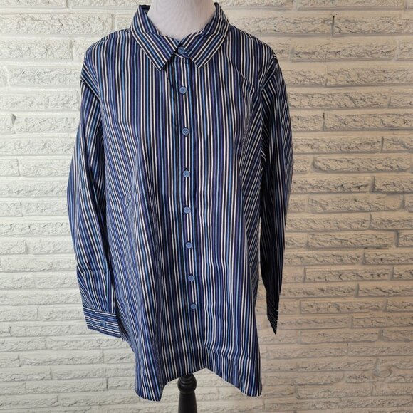 Roamans Womens Top 2X Plus Long Sleeve Collar Blue Stripe Button Up STR120E - Picture 1 of 9